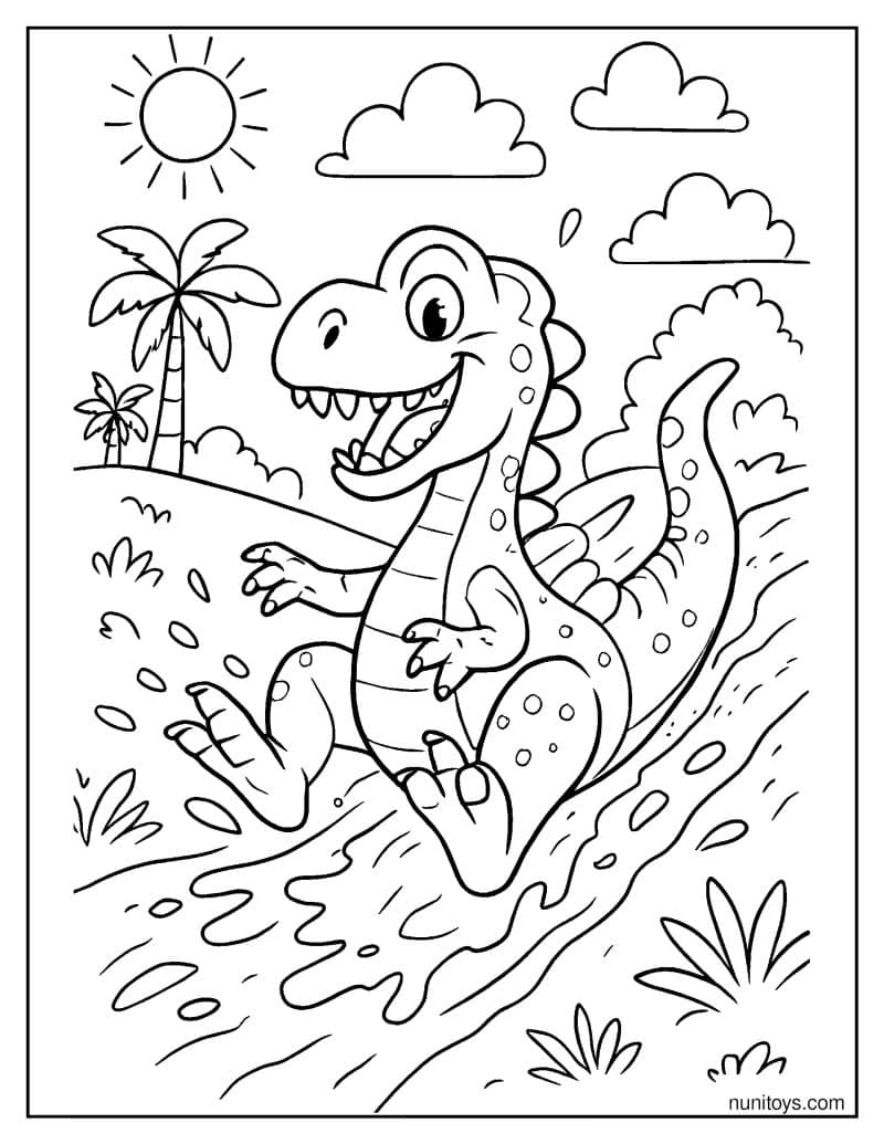 Cartoon Spinosaurus Sliding Down a Muddy Hill Coloring Page