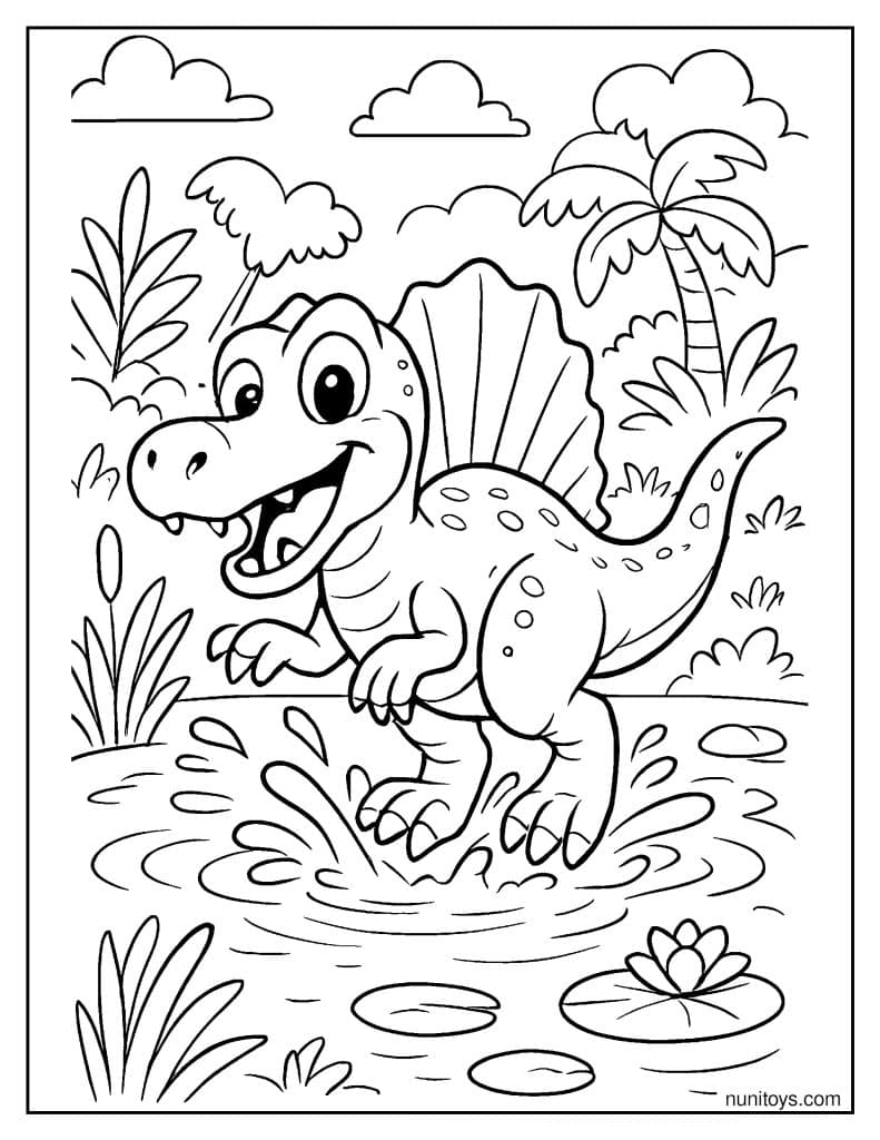 Cartoon Spinosaurus Splashing Water in a Pond Coloring Page
