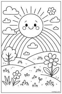 Cartoon Sun with Rainbow Rays Above a Smiling Landscape Coloring Page