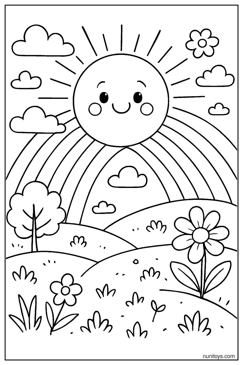 Cartoon Sun with Rainbow Rays Above a Smiling Landscape Coloring Page