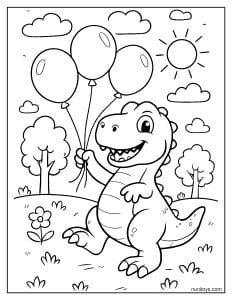 Cartoon T-Rex Playing with Balloons Coloring Page