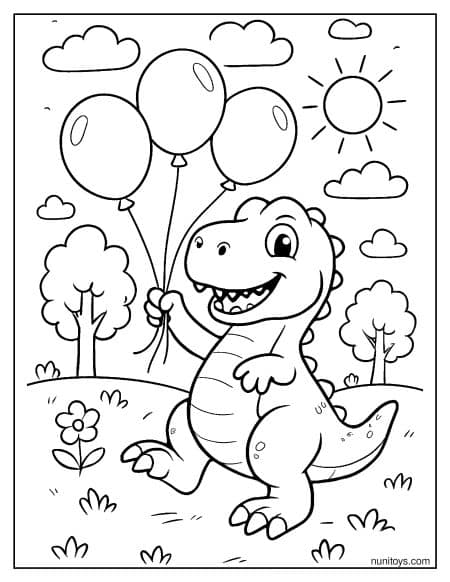 T-Rex Holding Balloons Outdoors Coloring Page