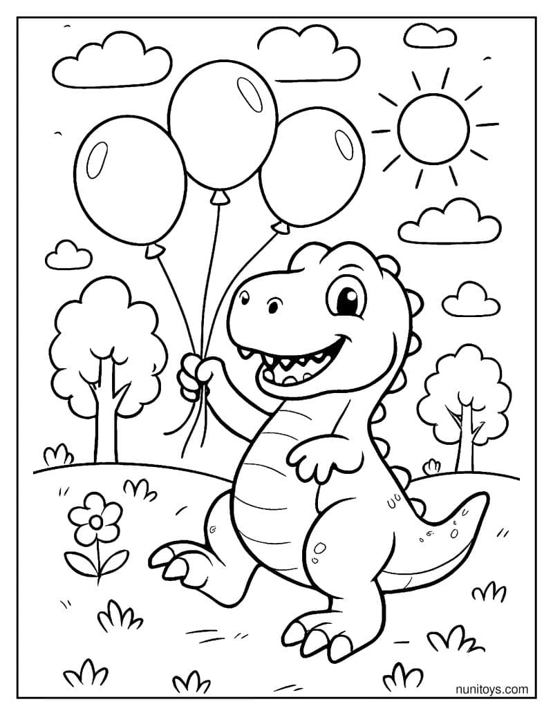 Cartoon T-Rex Playing with Balloons Coloring Page