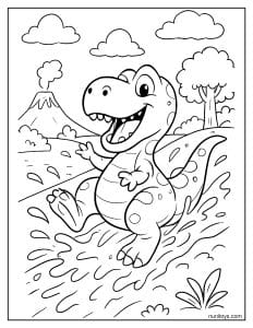Cartoon T-Rex Sliding Down a Muddy Hill Coloring Page
