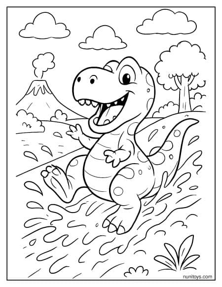 Cartoon T-Rex Sliding Down a Muddy Hill Coloring Page