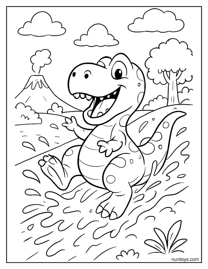 Cartoon T-Rex Sliding Down a Muddy Hill Coloring Page