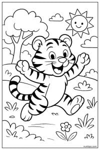 Happy Tiger Jumping Under a Smiling Sun Coloring Sheet