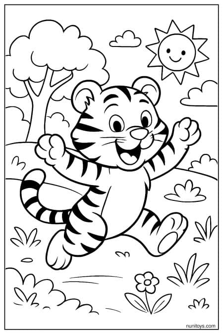 Happy Tiger Jumping Under a Smiling Sun Coloring Sheet
