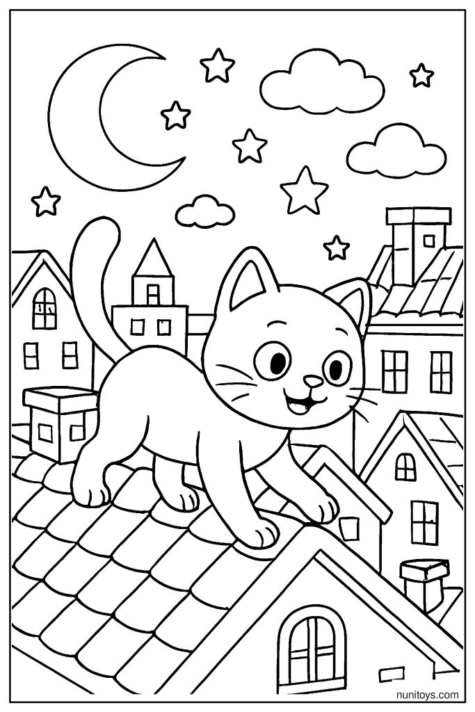 Cat Exploring Rooftops Under the Moonlight Coloring Page