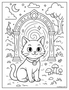 דף צביעה של חתול חמוד שומר על שער קסום