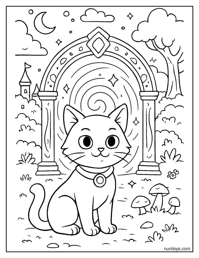 Coloriage chat devant un portail magique dans la forêt