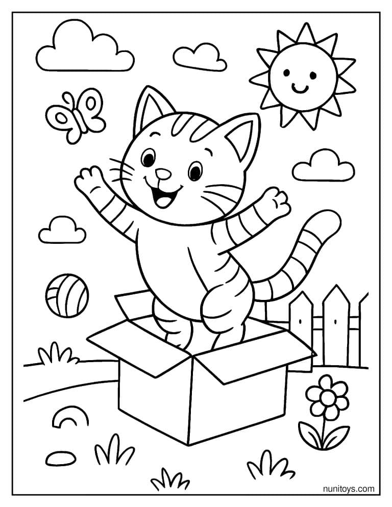 Coloriage chaton bondissant hors d’un carton dans le jardin