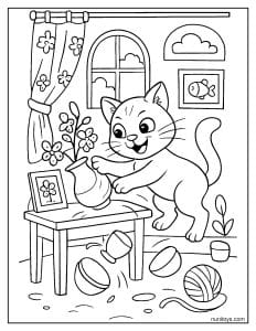 דף צביעה של חתול שובב מפיל חפצים מהשולחן
