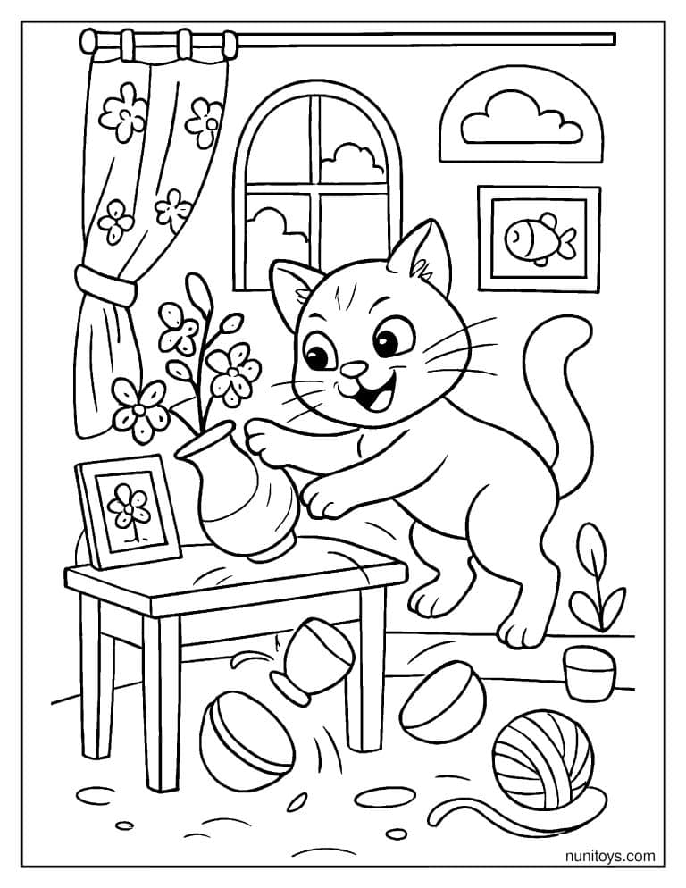 Coloriage chat espiègle renversant un vase sur une table