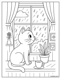 דף צביעה של חתול מתבונן בגשם דרך החלון