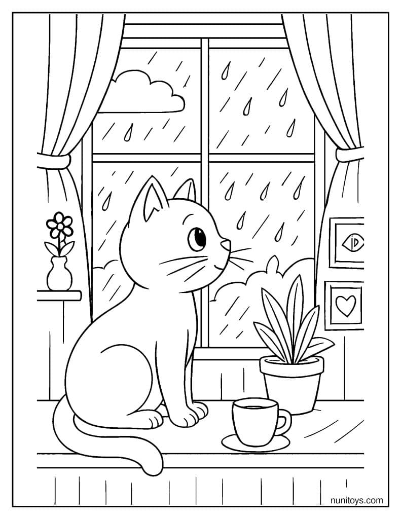 דף צביעה של חתול מתבונן בגשם דרך החלון