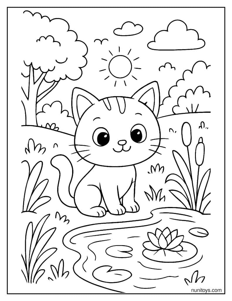 דף צביעה של חתול ליד בריכה קטנה עם צמחים