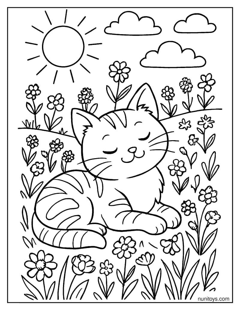 דף צביעה של חתול חמוד נח בשדה פרחי בר שטוף שמש