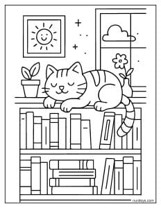 דף צביעה של חתול ישן על מדף ספרים