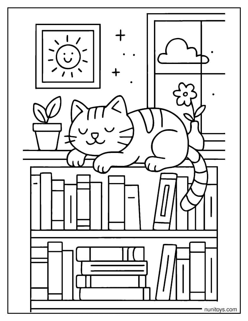דף צביעה של חתול ישן על מדף ספרים