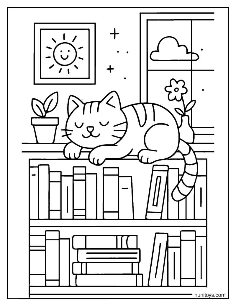 דף צביעה של חתול ישן על מדף ספרים