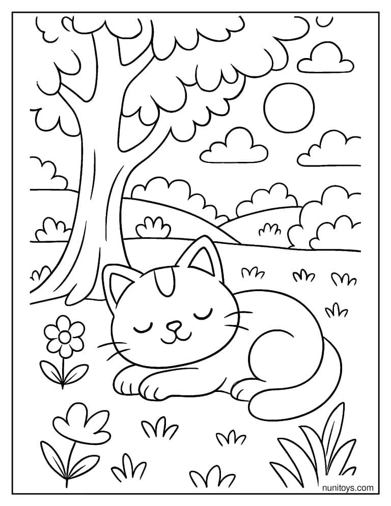 Coloriage chat endormi sous un arbre dans la campagne