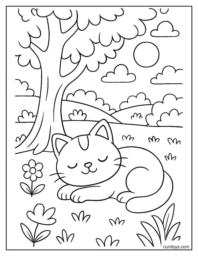 דף צביעה של חתול ישן מתחת לעץ בטבע