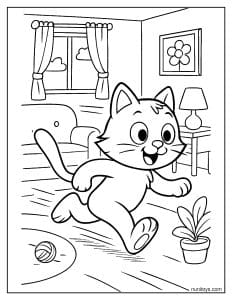 דף צביעה של חתול חמוד רץ במהירות בתוך הבית