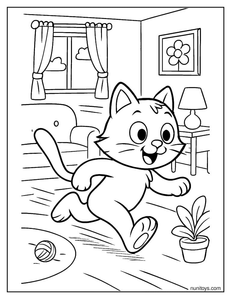 Coloriage chaton courant dans le salon après une pelote