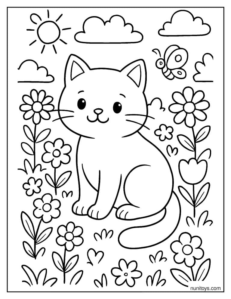 Coloriage chat assis au milieu des fleurs et d’un papillon