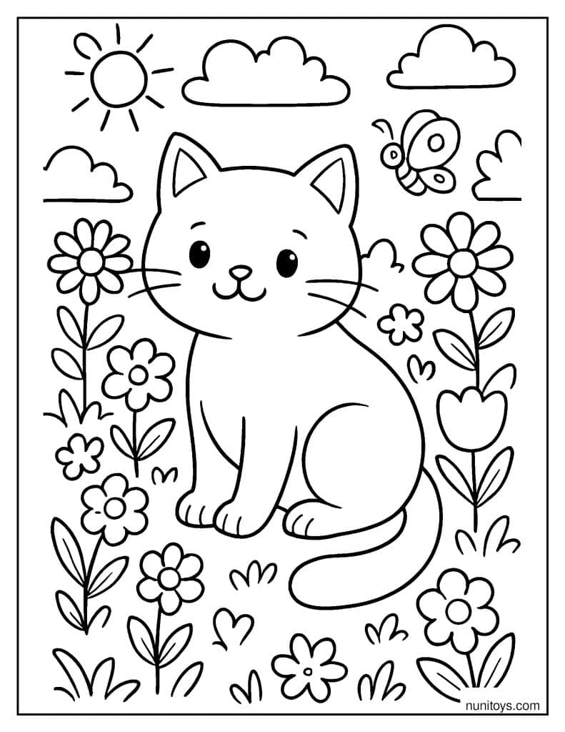דף צביעה של חתול יושב בגינת פרחים