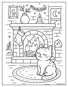 דף צביעה של חתול מתחמם ליד אח בוערת