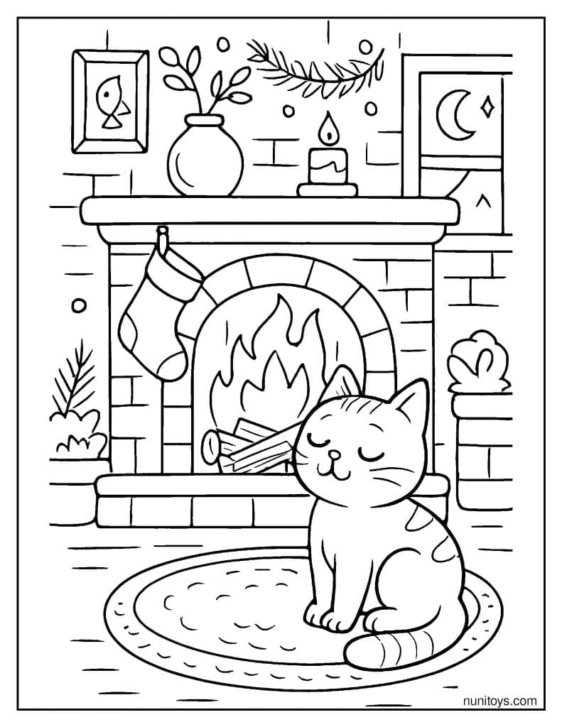 דף צביעה של חתול מתחמם ליד אח בוערת