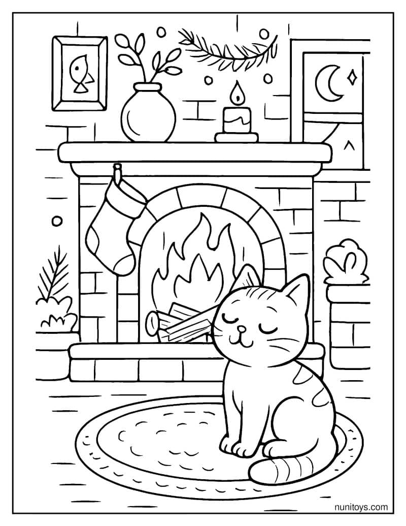 דף צביעה של חתול מתחמם ליד אח בוערת