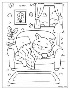 דף צביעה של חתול ישן על ספה נעימה