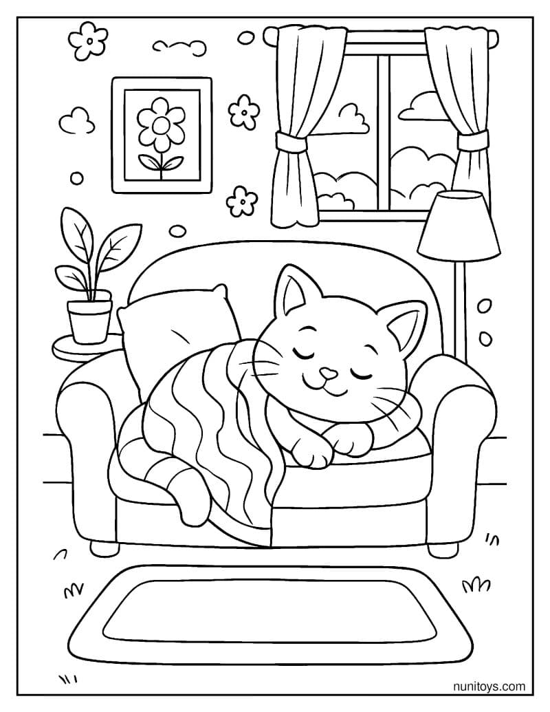 דף צביעה של חתול ישן על ספה נעימה