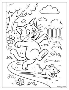 דף צביעה של חתול מחליק בזמן שרודף אחרי עכבר