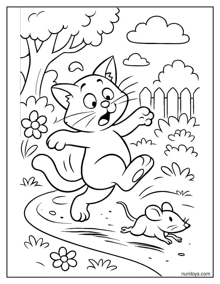 Coloriage chat surpris par une souris dans le jardin