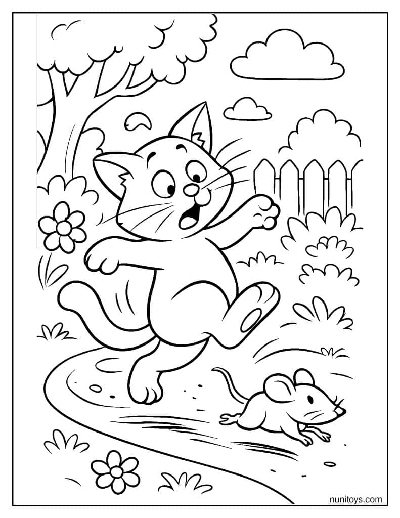 דף צביעה של חתול מחליק בזמן שרודף אחרי עכבר