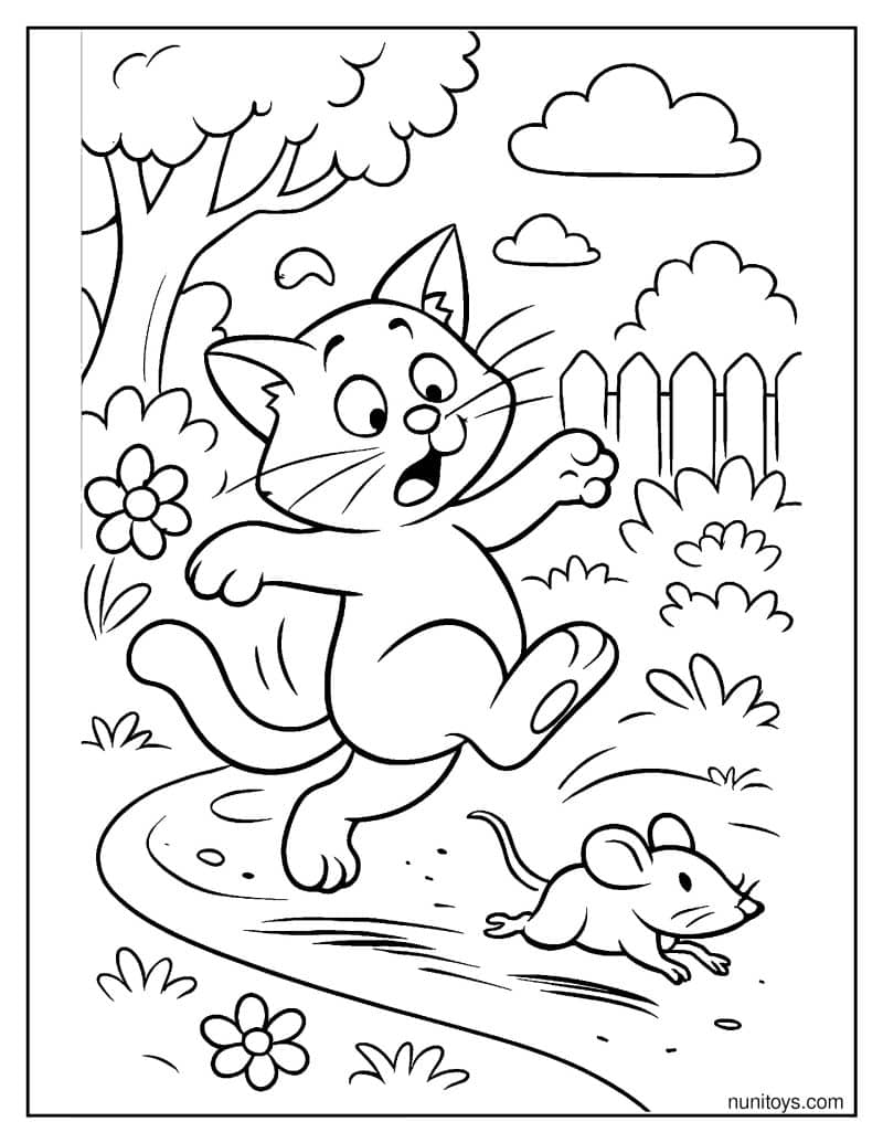 דף צביעה של חתול מחליק בזמן שרודף אחרי עכבר