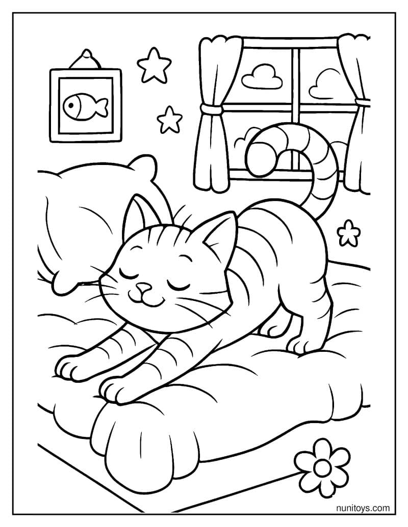 דף צביעה של חתול נמתח אחרי שינה על מיטה רכה