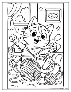 דף צביעה של חתול חמוד מסתבך בכדורי צמר