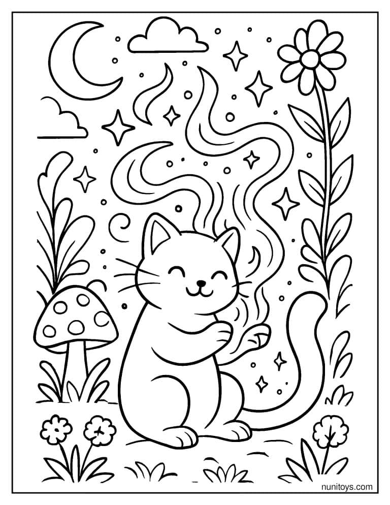 Coloriage chat créant une flamme magique dans la forêt