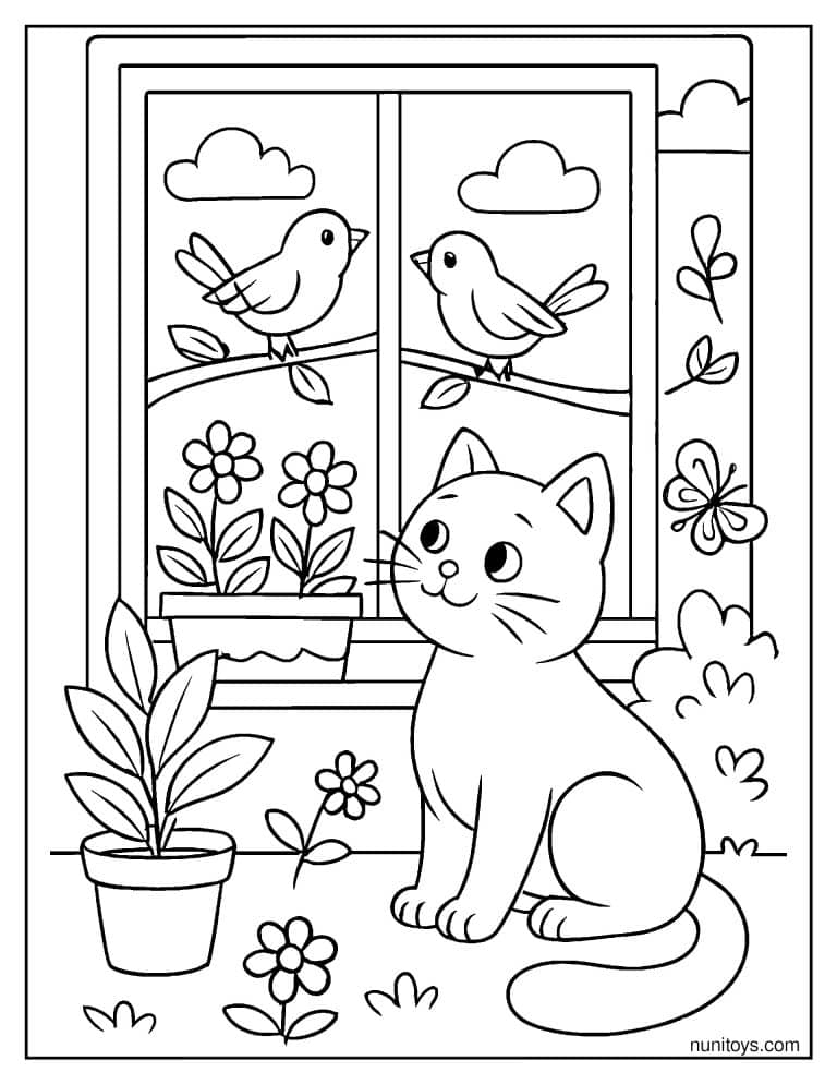 Coloriage chat assis près de la fenêtre en observant deux oiseaux