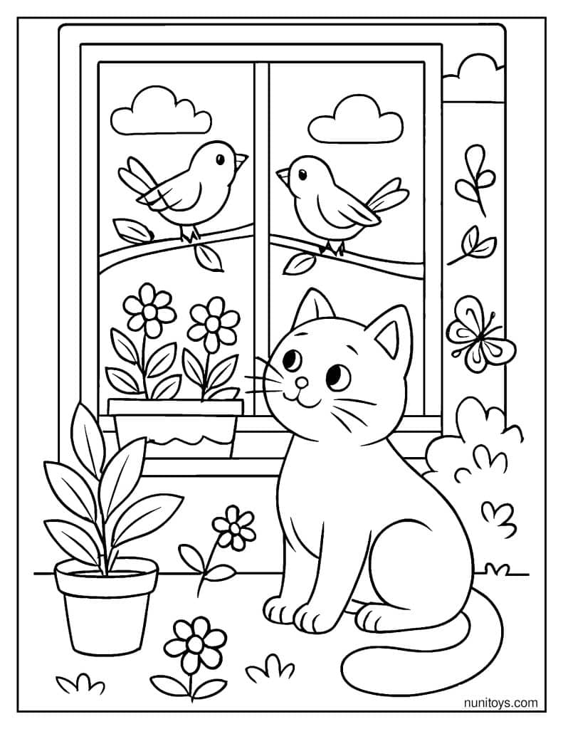דף צביעה של חתול מתבונן בציפורים ליד חלון