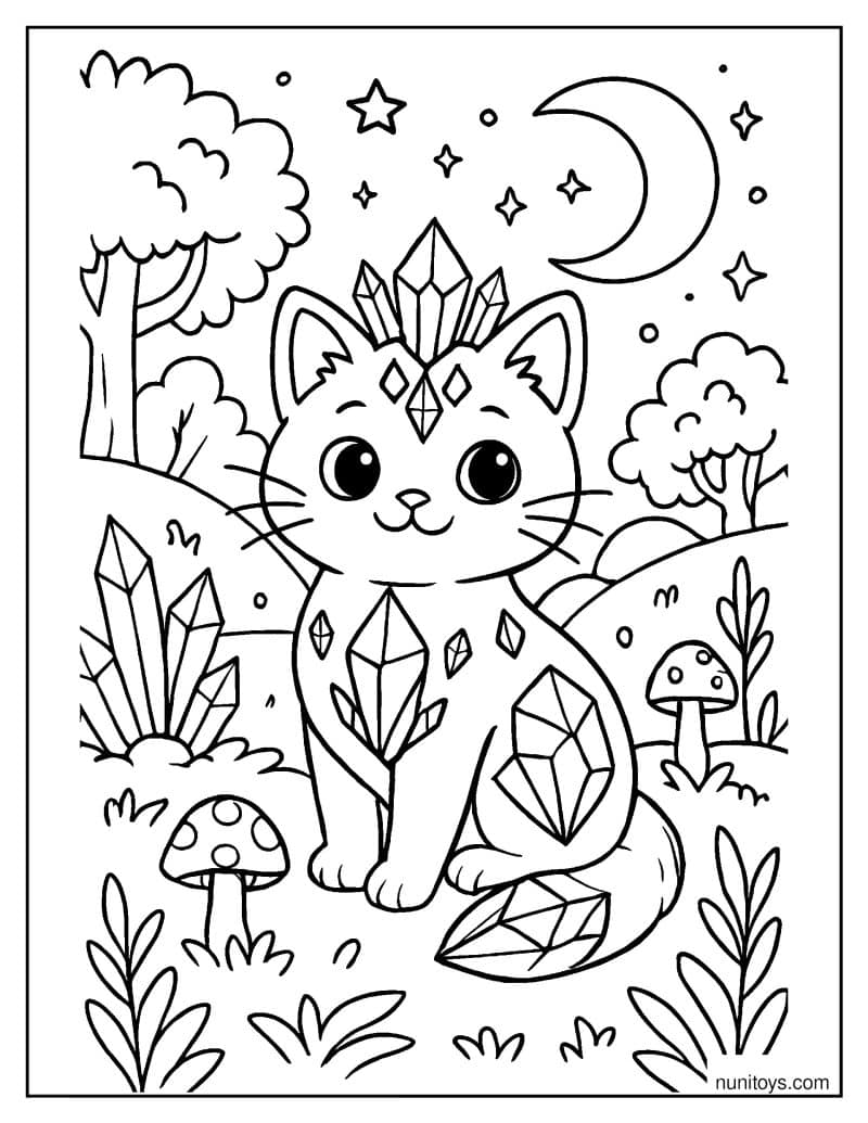 דף צביעה של חתול עם דוגמאות קריסטל בנוף קסום