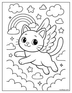 דף צביעה של חתול עם כנפיים עף בשמיים קסומים