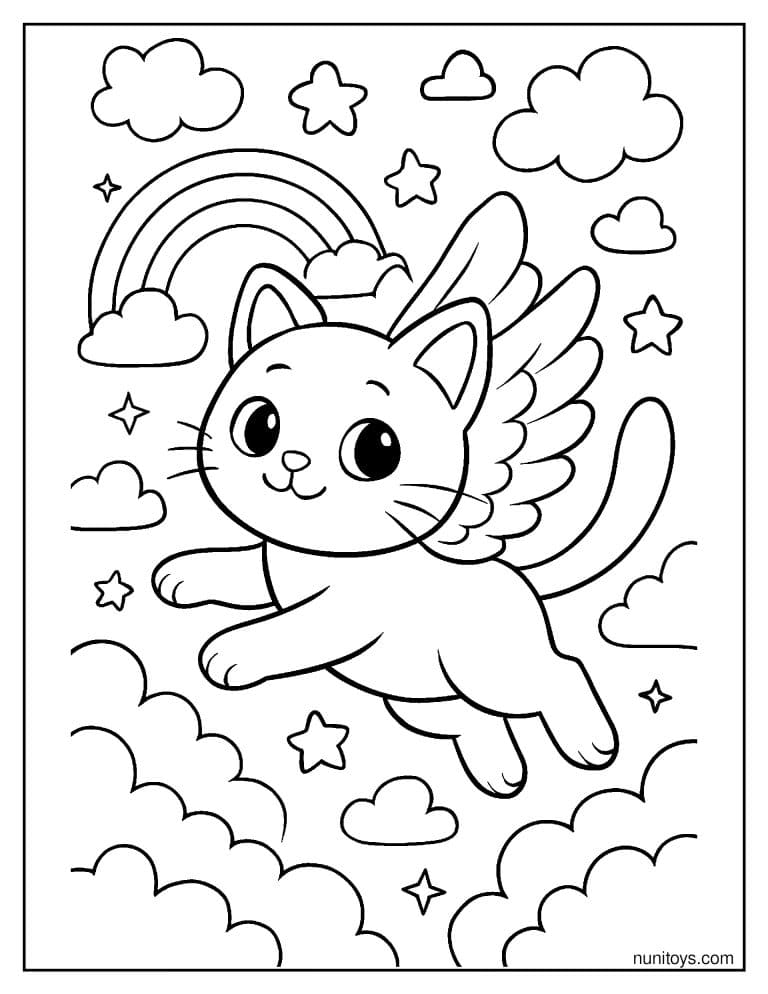 Coloriage chat ailé volant parmi les étoiles et un arc-en-ciel