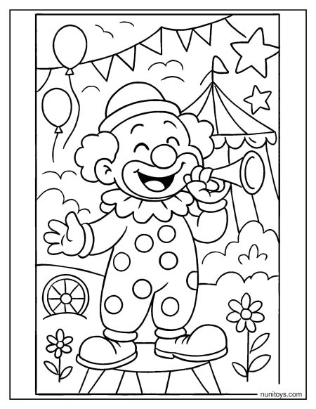 Clown Blowing Horn in Circus Scene Coloring Page