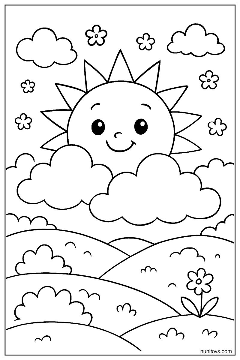 Cheerful Sun Peeking from Behind Clouds over Green Hills Coloring Page